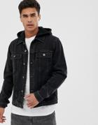 Asos Design Denim Jacket With Jersey Hood In Washed Black - Black