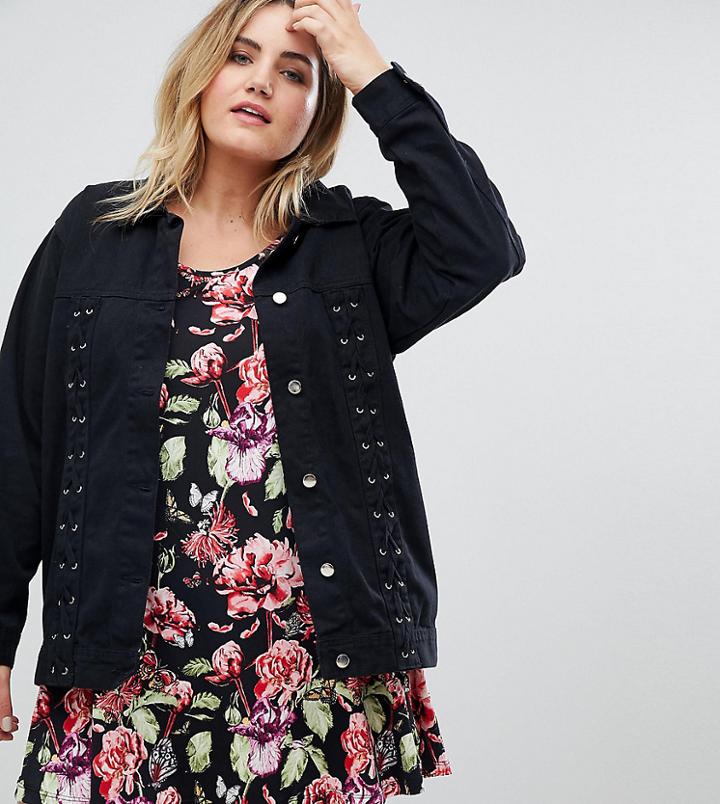 Brave Soul Plus Payton Denim Jacket With Lace Up Detail - Black