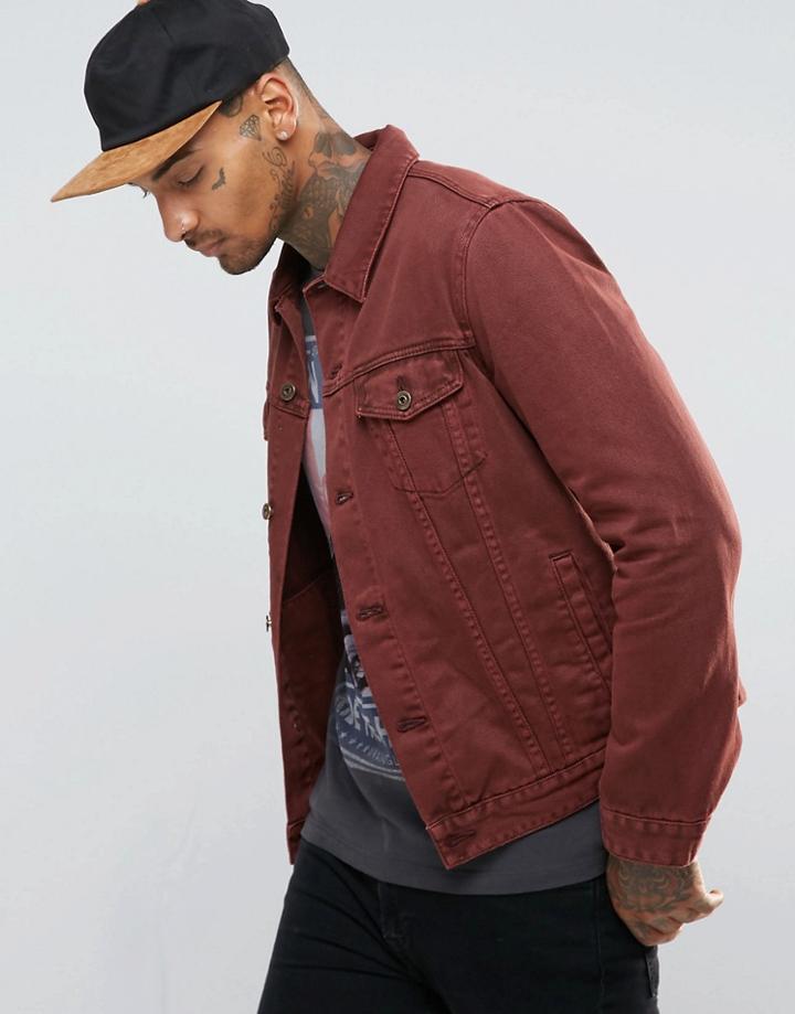 Asos Slim Denim Jacket In Burgundy - Red