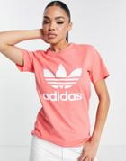 Adidas Originals Adicolor Large Trefoil T-shirt In Pink-orange