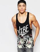 Asos Longline Tank With Extreme Racer Back And Vibe Print - Black