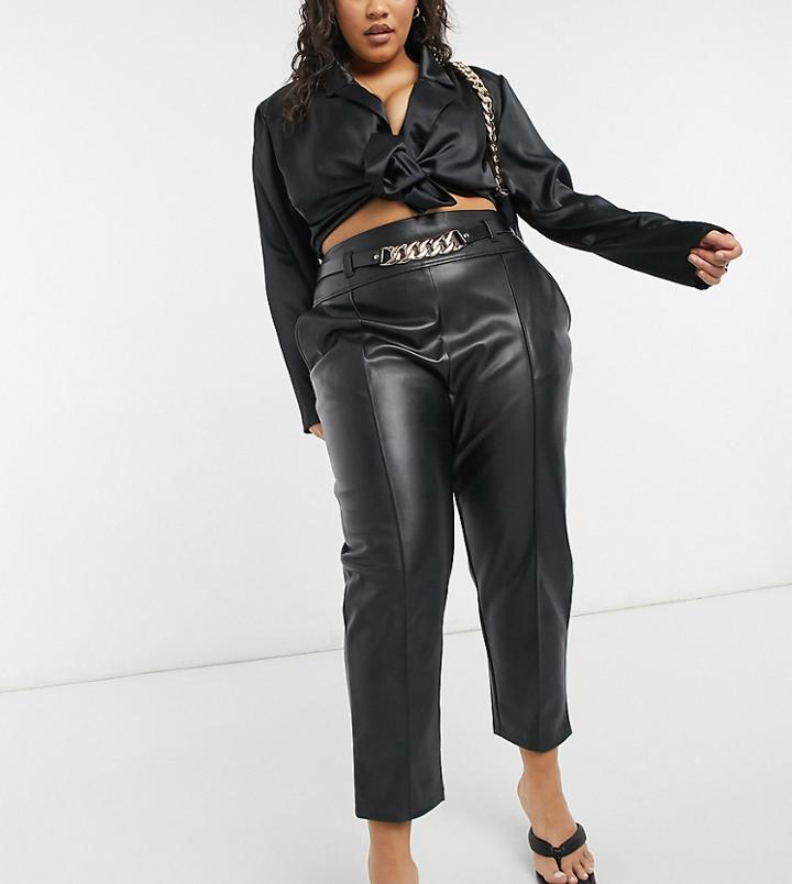 River Island Plus Chain Belt Faux Leather Cigarette Pants In Black