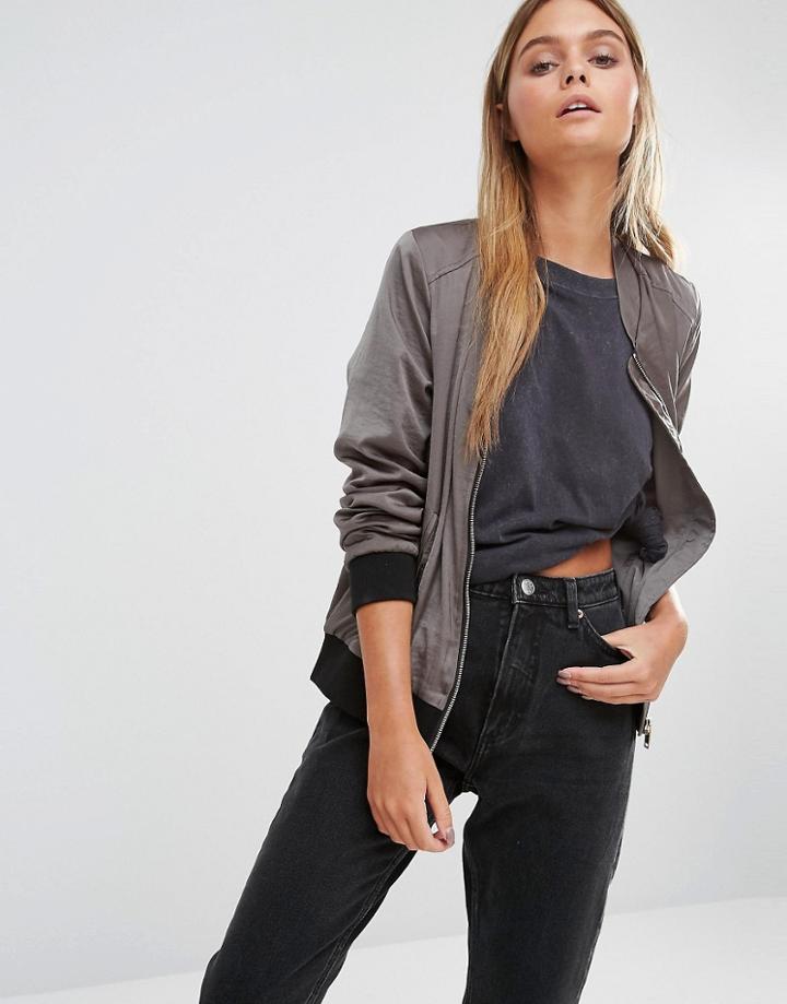 New Look Rib Detail Sateen Bomber - Green
