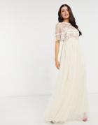Needle & Thread Embellished Tiered Sleeve Midaxi Dress In Champagne-white
