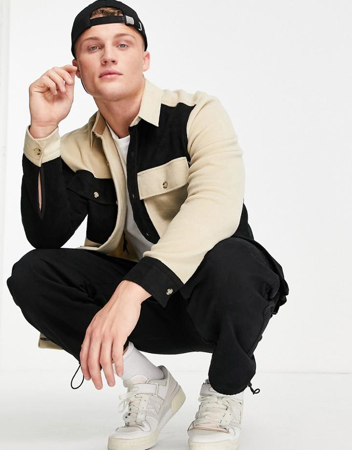Topman Polar Fleece Cut-and-sew Overshirt In Black And Stone-multi