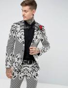 Asos Skinny Suit Jacket In Black And White Jaquard Embroidery - Black