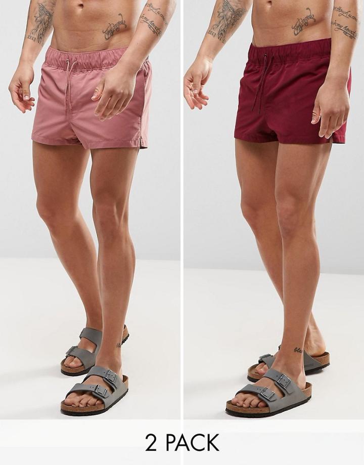 Asos Swim Shorts 2 Pack In Dark Pink & Burgundy Super Short Length Save - Multi