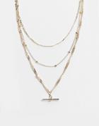 Asos Design Multirow Necklace With Mixed Chain And T Bar Pendant In Gold Tone