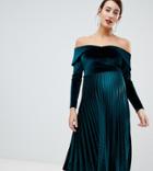Asos Design Maternity Pleated Velvet Bardot Midi Dress - Green
