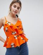 Asos Design Ruffle Wrap Cami In Orange Floral - Multi