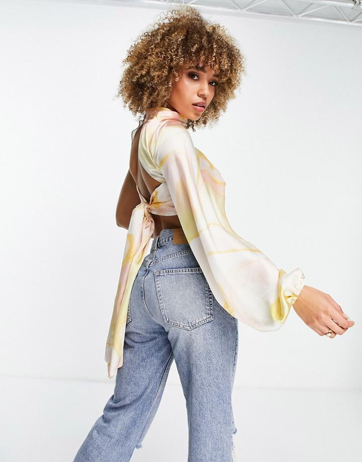 Asos Design Satin One Sleeve Top In Marble Print-multi