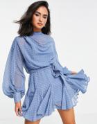 Asos Design High Neck Pleated Mini Dress With Godet Detail Steel Blue-blues