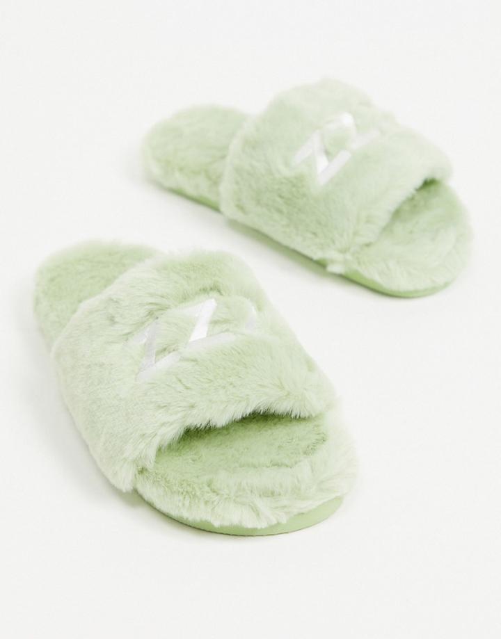 Monki String Recycled Faux Fur Slippers In Green