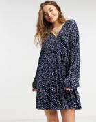 Asos Design Plisse Wrap Mini Dress With Long Sleeves In Dark Navy Floral