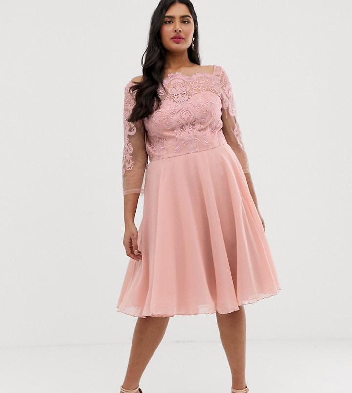 Chi Chi London Plus Premium Lace Midi Dress With Chiffon Skirt In Pink - Pink