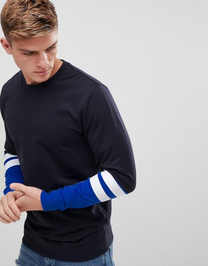 Only & Sons Crew Neck Sweat With Stripe Sleeve Detail - Navy