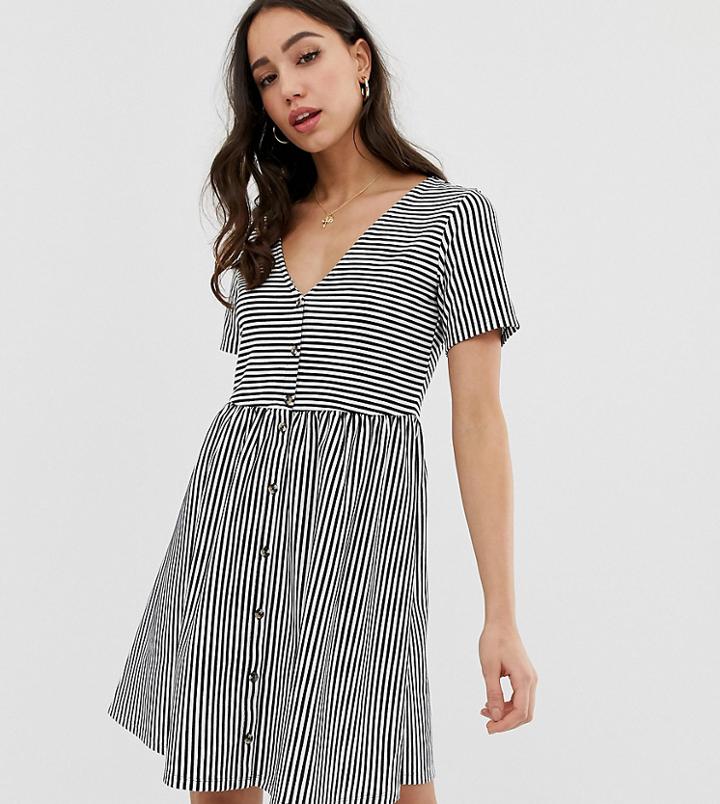 Asos Design Tall Mini V Neck Button Through Smock Dress In Stripe-multi