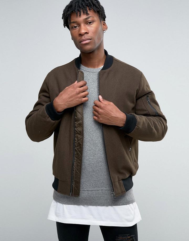 Asos Wool Mix Bomber Jacket With Ma1 Pocket In Dark Khaki - Green