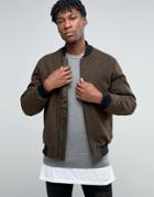 Asos Wool Mix Bomber Jacket With Ma1 Pocket In Dark Khaki - Green