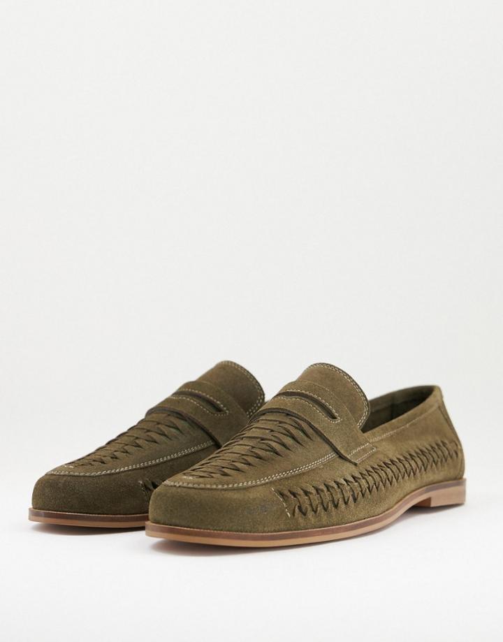 Walk London Arrow Penny Woven Loafers In Khaki Suede-green