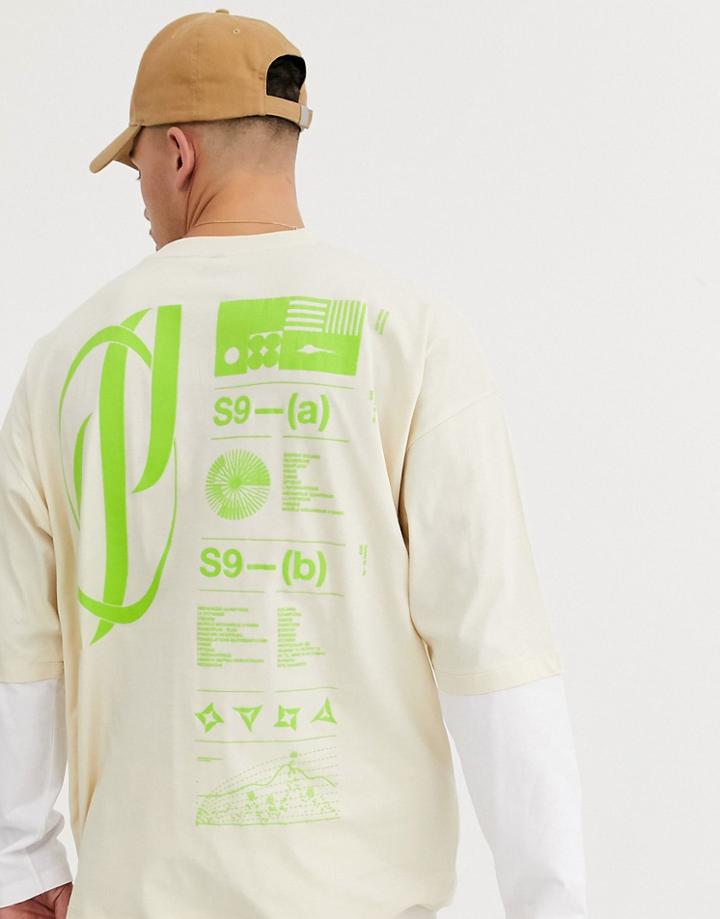 Asos Design Oversized T-shirt With Large Back Neon Puff Print And Double Layer Sleeve-beige