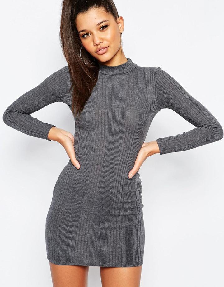 Missguided High Neck Long Sleeve Rib Body-conscious Dress - Gray Marl