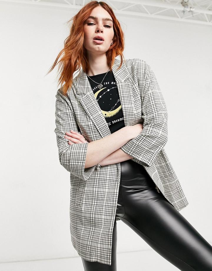 Stradivarius Recycled Polyester Oversized Blazer In Ecru Check-multi