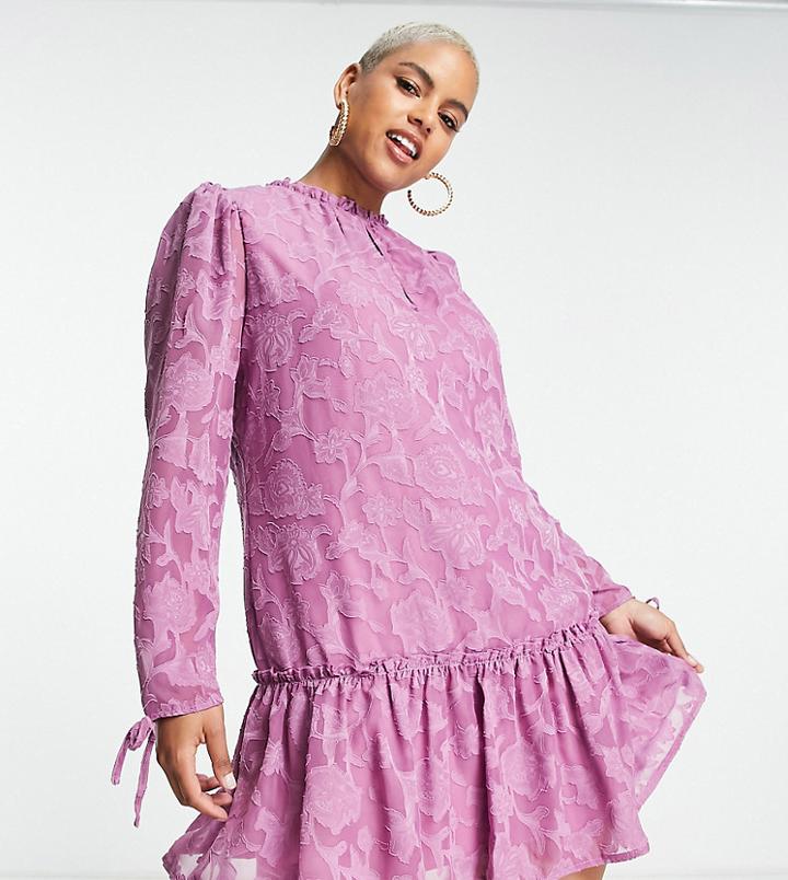 Little Mistress Plus Long Sleeve Mini Dress With Ruffle Skirt In Lilac-purple
