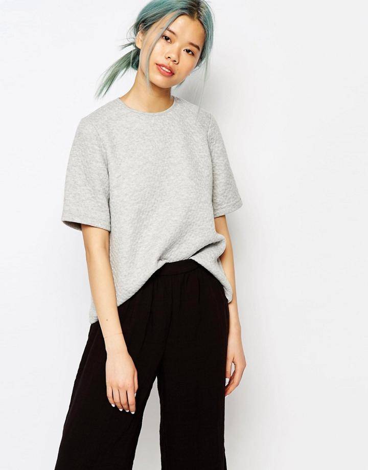 Monki Textured Short Sleeve Sweatshirt - Gray