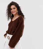 Asos Design Tall Fluffy V Neck Ribbed Sweater With Balloon Sleeve In Recycled Blend - Brown
