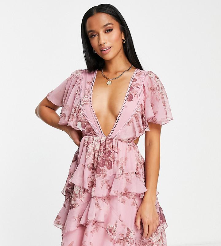 Asos Design Petite Tiered Mini Dress With Lace Insert And Open Back In Peach Floral Print-multi