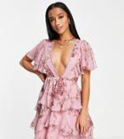 Asos Design Petite Tiered Mini Dress With Lace Insert And Open Back In Peach Floral Print-multi