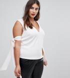 Asos Curve Top In Scuba With Plunge Neck & Bow Detail - Pink