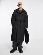 Asos Design Oversized Quilted Trench Coat In Black-grey