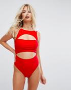 Asos Fuller Bust Exclusive Underwired Cut Out High Neck Swimsuit Dd-g - Red