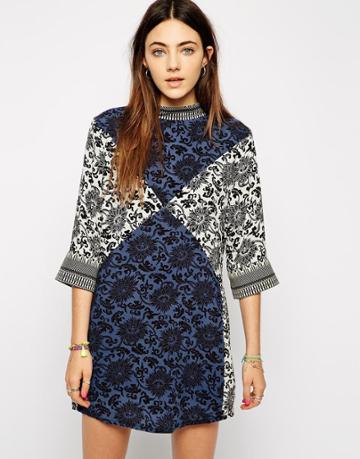 Native Rose Shift Dress In Patchwork Print