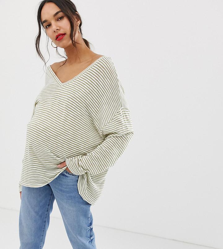 Asos Design Maternity Oversized Stripe T-shirt With V Back And V Front - Multi