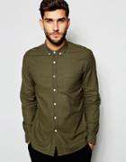 Asos Textured Shirt In Khaki With Long Sleeves - Forest Green