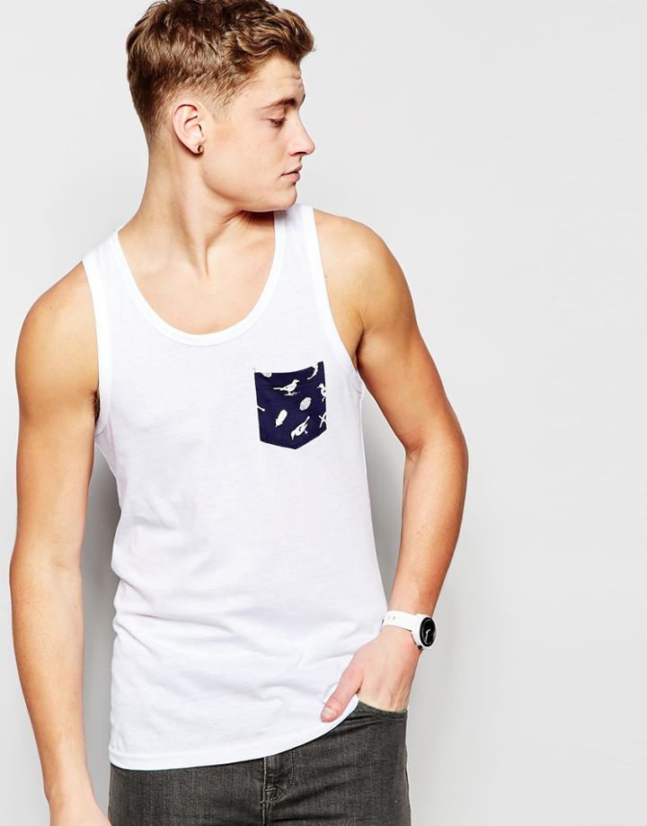 Brave Soul Tank With Contrast Bird Print Pocket - White