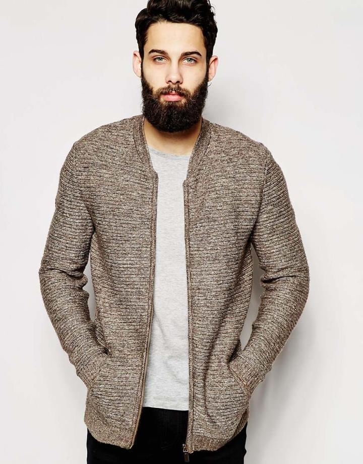 Asos Knitted Bomber With Horizontal Ribs - Mink