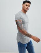 Asos Muscle Fit Longline T-shirt With Curved Bound Hem And Roll Sleeve In Twisted Rib-gray