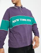 Asos Design Oversized Long Sleeve Polo T-shirt In Purple And Green Color Block With New York City Print-navy