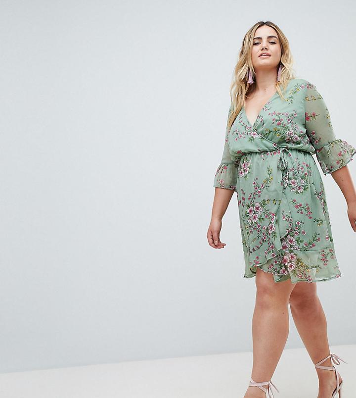 Missguided Plus Chiffon Floral Frill Sleeve Mini Dress - Green
