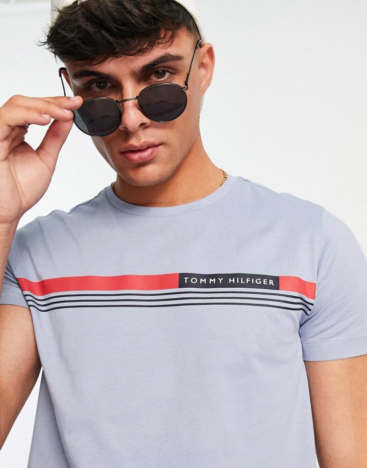 Tommy Hilfiger Chest Stripe Logo T-shirt In Light Blue