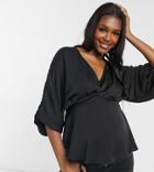 Asos Design Maternity Long Sleeve V Neck Satin Batwing Top In Black