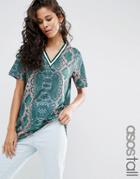 Asos Tall T-shirt In Bright Snake Print With Stripe Tipping In Longline - Multi