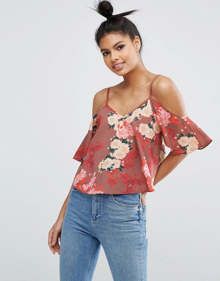 Asos Cold Shoulder Cami In Japanese Floral Print - Multi