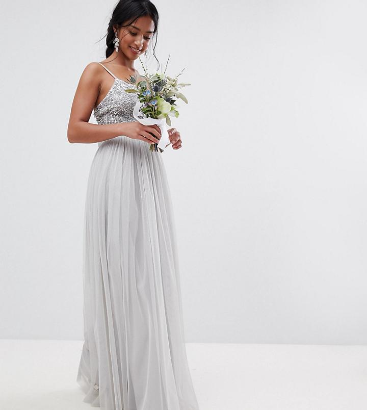 Maya Petite Cami Strap Sequin Top Tulle Detail Maxi Bridesmaid Dress - Gray