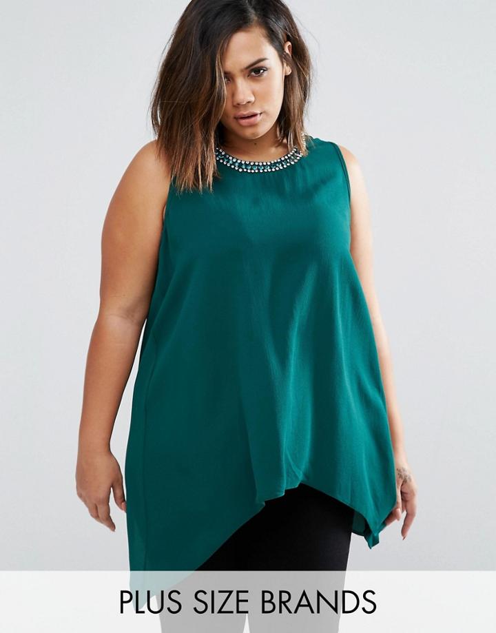 Koko Plus Top With Embellished Neckline And Hanky Hem - Green