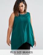 Koko Plus Top With Embellished Neckline And Hanky Hem - Green
